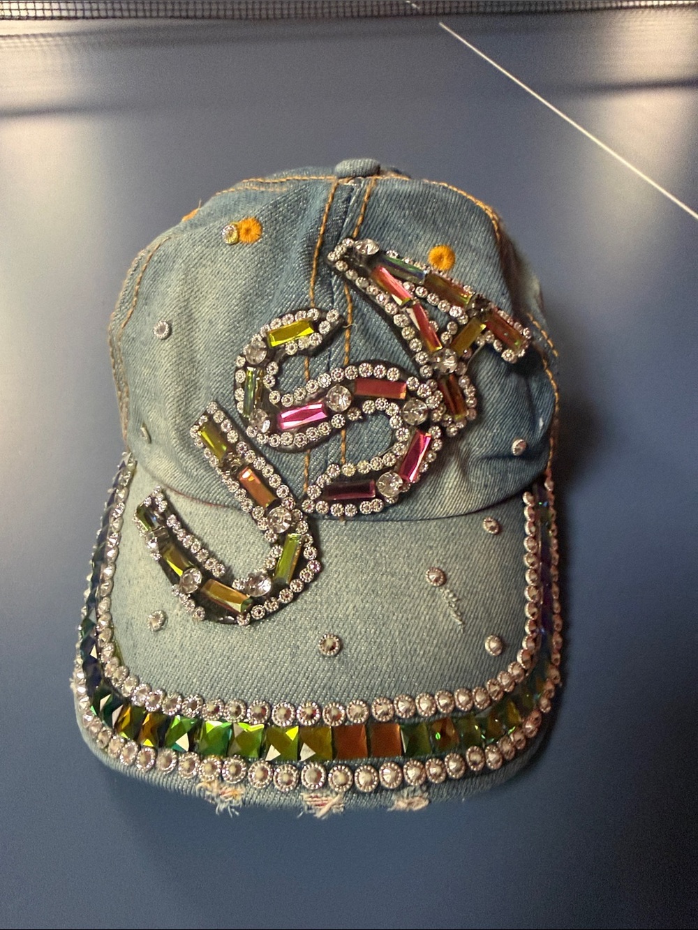 Embellished Blue Denim Distressed Baseball Cap with Multicolor Gem Accents